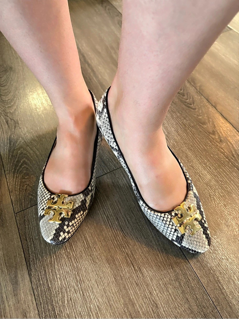 Tory Burch Minnie Travel Ballet Flat Snake-Print Silver & Black US 8